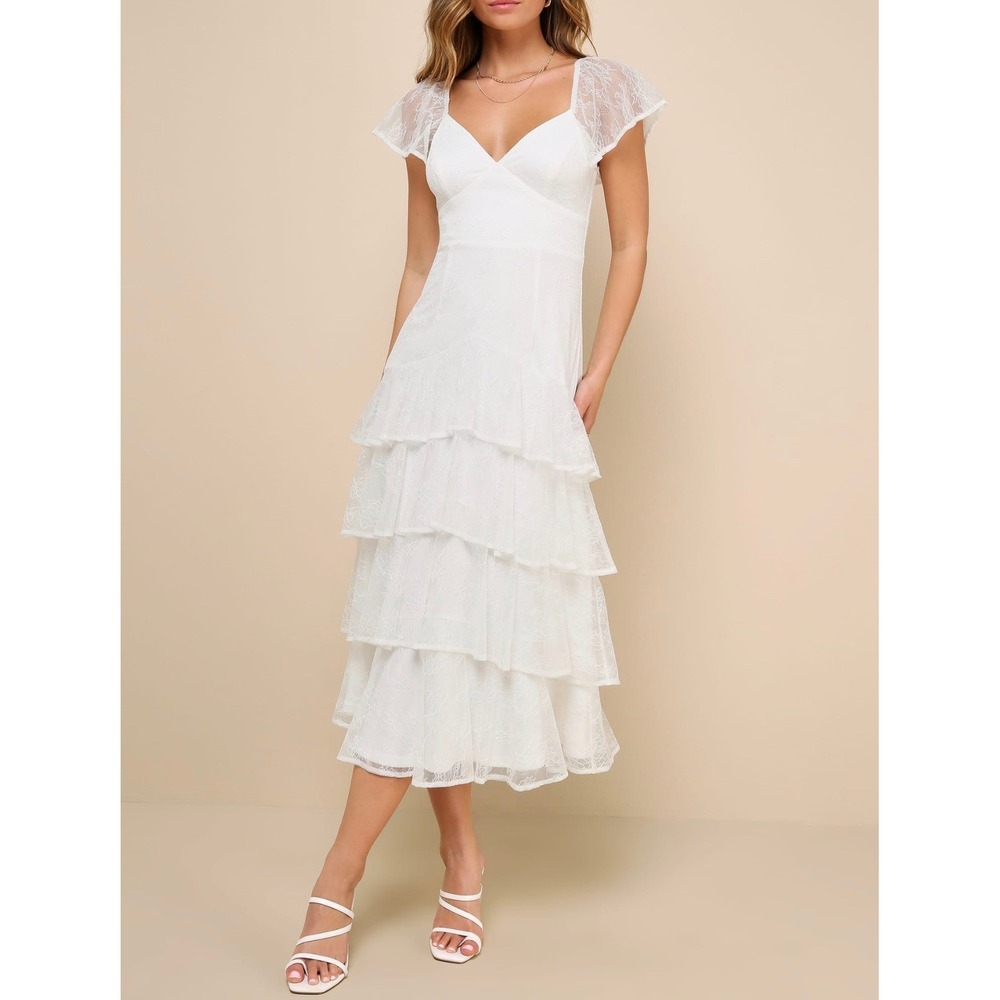 Lulus Graceful Darling White Lace Flutter Sleeve Tiered Midi Dress Medium 2914